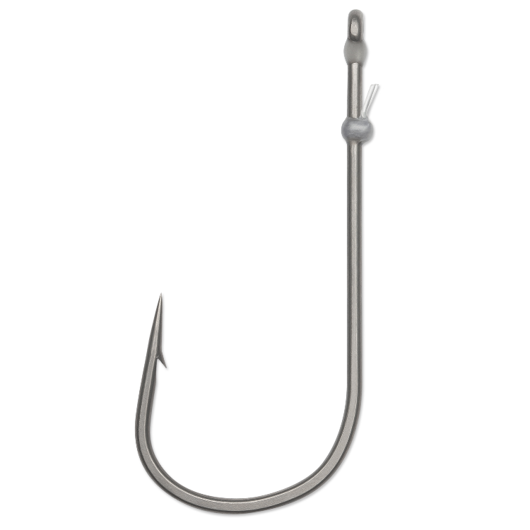 A single silver-colored fishing hook with a barb and a loop for attaching a bait or lure.