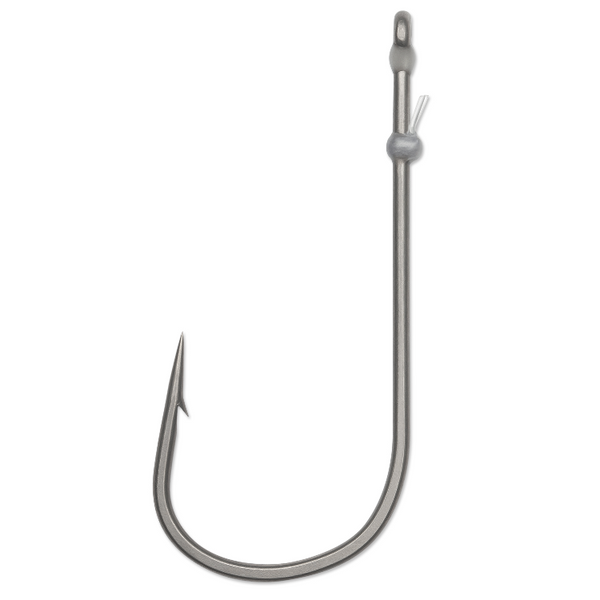 A single silver-colored fishing hook with a barb and a loop for attaching a bait or lure.