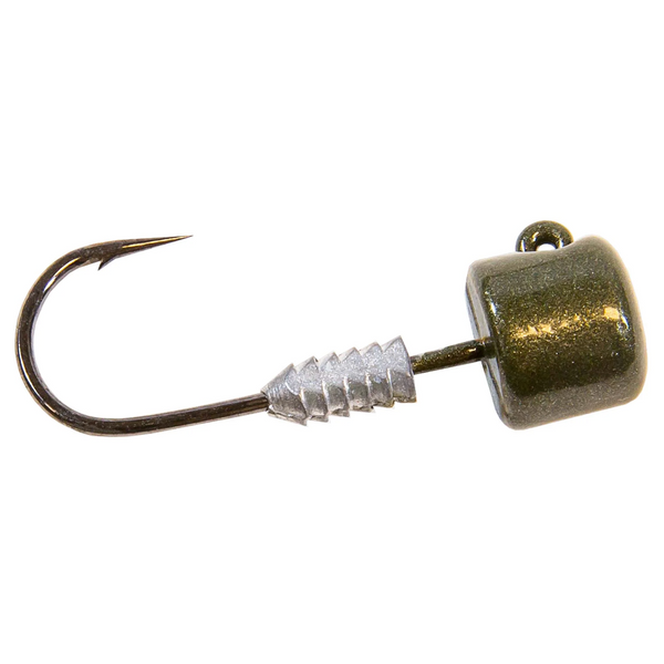 A mushroom-shaped jighead with a ribbed split grip keeper and a sharp black hook protruding from the top.