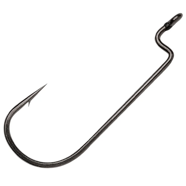 A single VMC Heavy Duty Worm Hook with a curved hook point and a braided line attached.