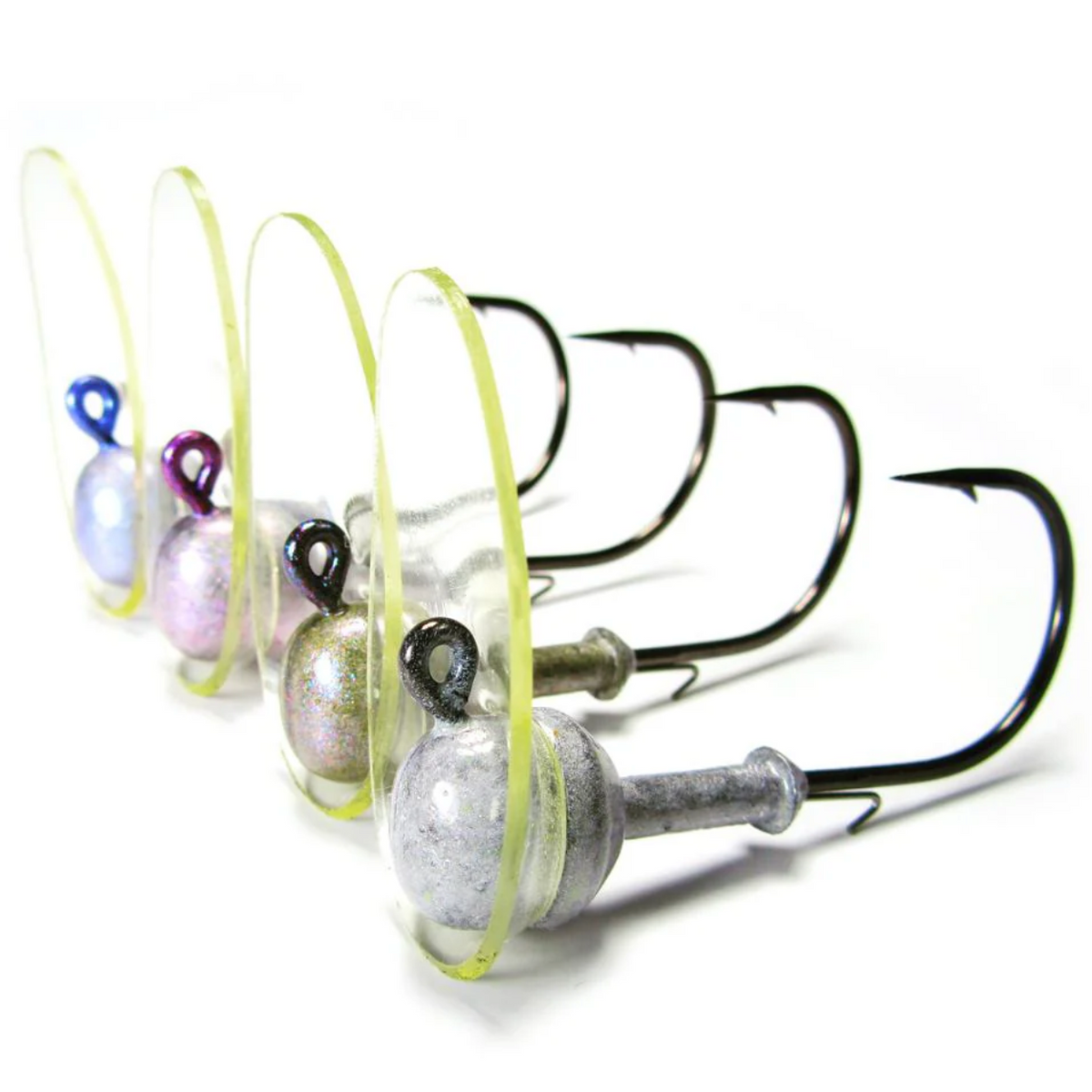 A selection of Hog Farmer Baits Hog Wobbler fishing lures with grooved ball heads and barbed hooks, displayed in a row with different colored beads.