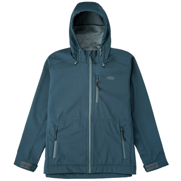 Blue jacket with a hood on a white background