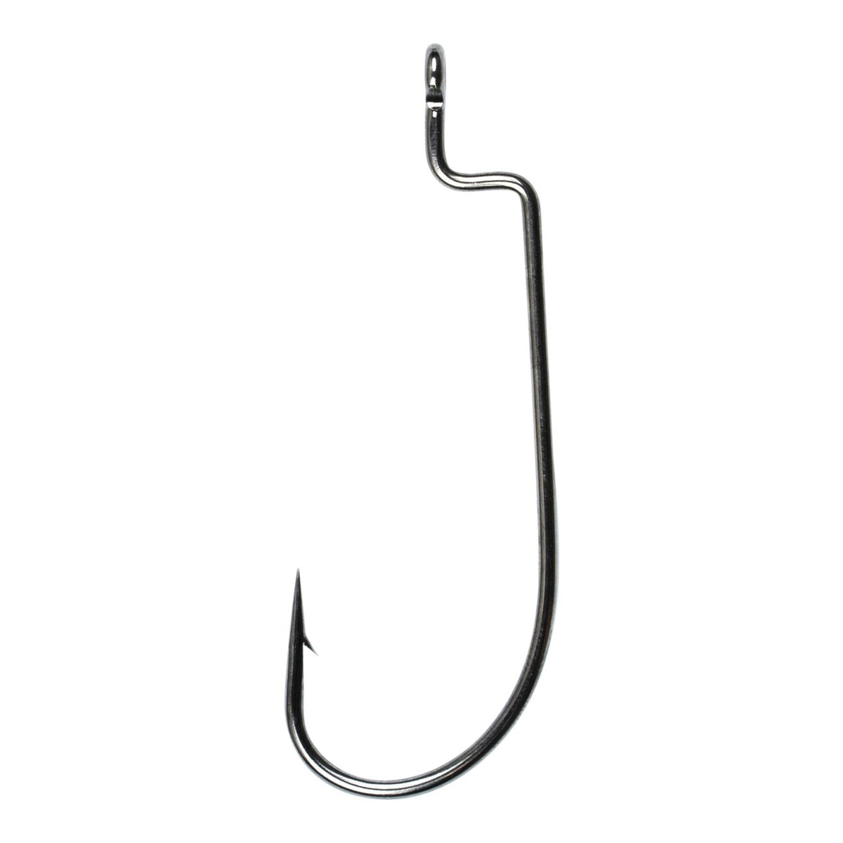 A single black fishing hook against a white background.