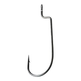 A single black fishing hook against a white background.