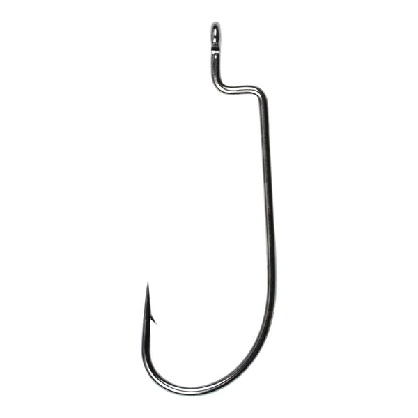 A single black fishing hook against a white background.