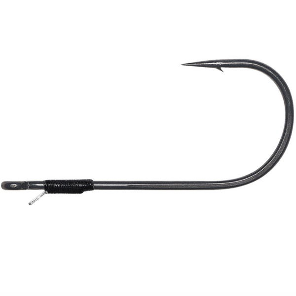 A single black fishing hook with a barb and a keepers wrapped around the shank, set against a white background.