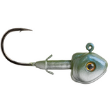 A green and white Strike King Tour Grade Spotlight Head jig head with a sharp medium wire hook and 3D eyes.