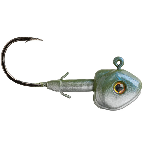 A green and white Strike King Tour Grade Spotlight Head jig head with a sharp medium wire hook and 3D eyes.