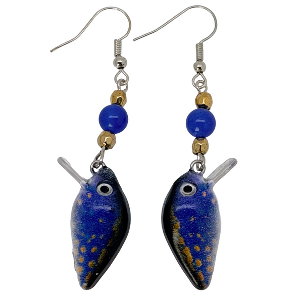 Fishing Lure Dangle Earrings Lapis Gold