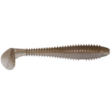 Fishing lure with a ribbed body and pointed head on a white background
