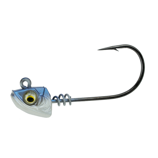 A detailed image of a 6th Sense Divine Swimbait Jig Head, showcasing its custom painted head and the black nickel Mustad hook.