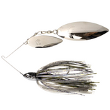 Metallic fishing lure with two blades on a white background