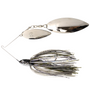 Metallic fishing lure with two blades on a white background