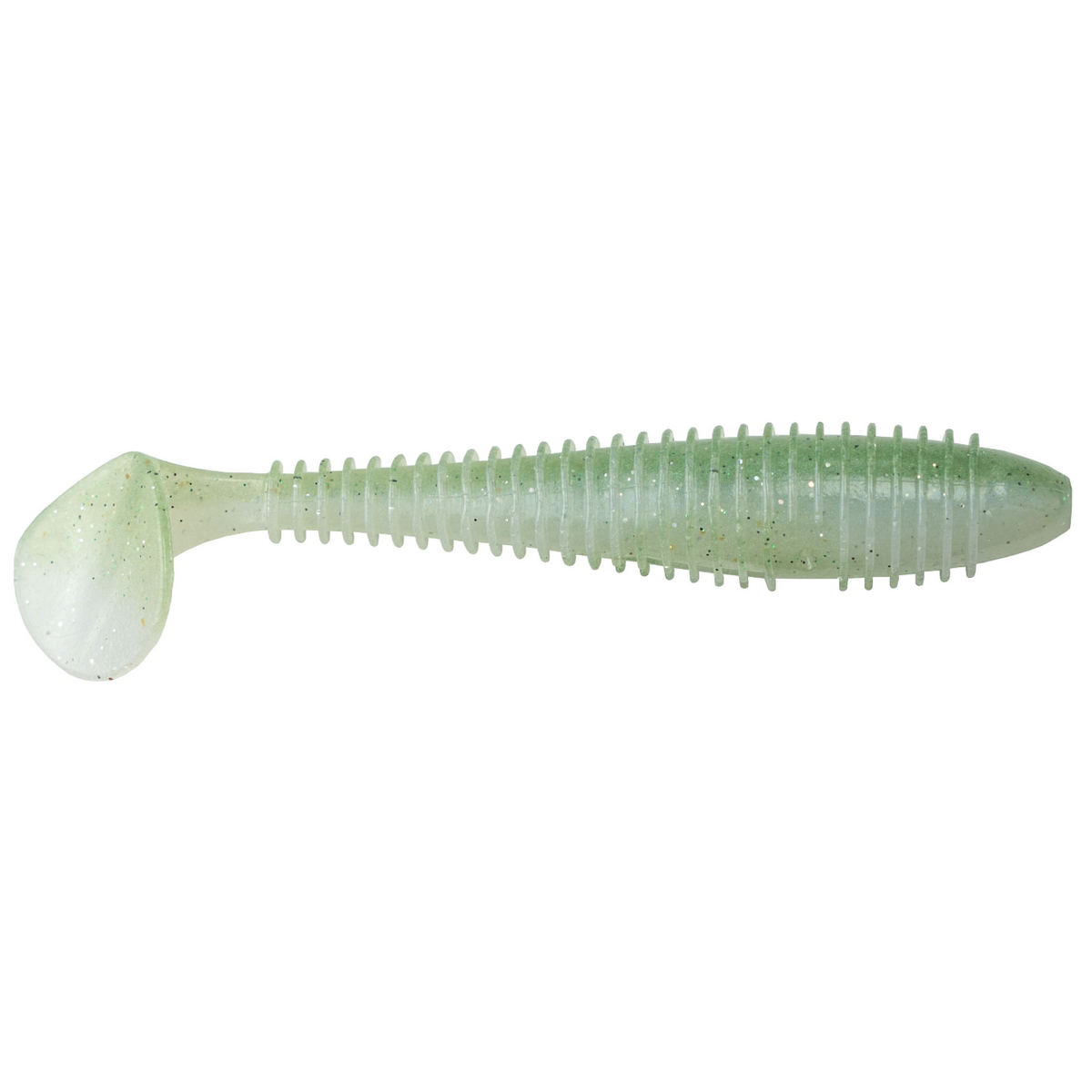 Fishing lure with a ribbed body and white head on a white background