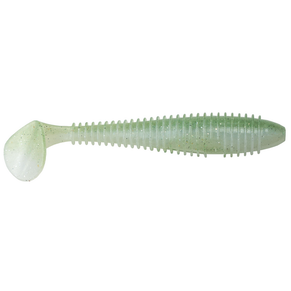 Fishing lure with a ribbed body and white head on a white background