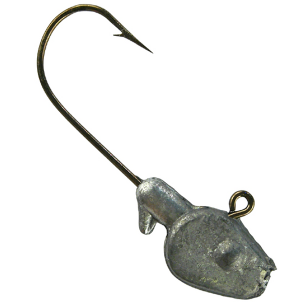 A single silver-colored minnow jig head used for fishing.