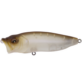 A Megabass Popmax topwater fishing lure with a silver and white color scheme, featuring detailed gill-system and realistic eyes.