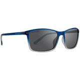 Sunglasses with blue frame and dark lenses on a white background