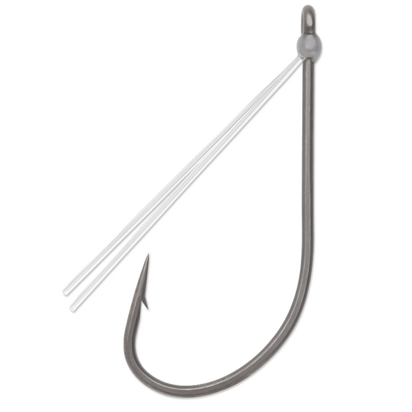 A single black fishing hook with a fluorocarbon weed guard attached to it.