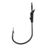 A single black fishing hook with a barbed bait keeper.