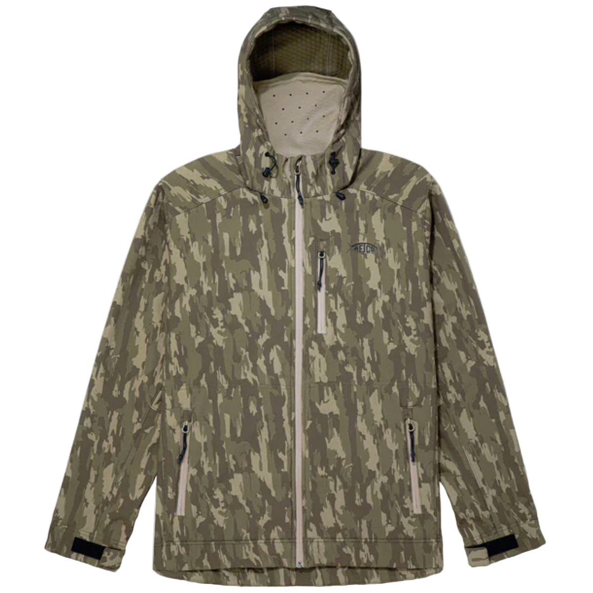 Camouflage jacket with a hood on a white background