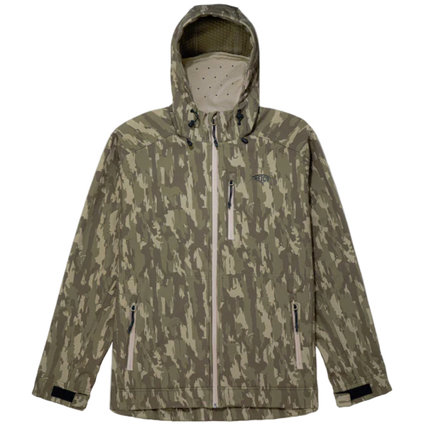 Camouflage jacket with a hood on a white background