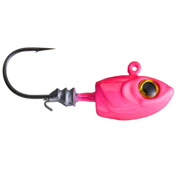 Pink fishing lure with a black hook on a white background