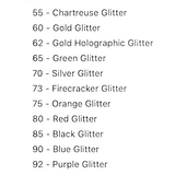 List of glitter color options with numbers and names on a white background