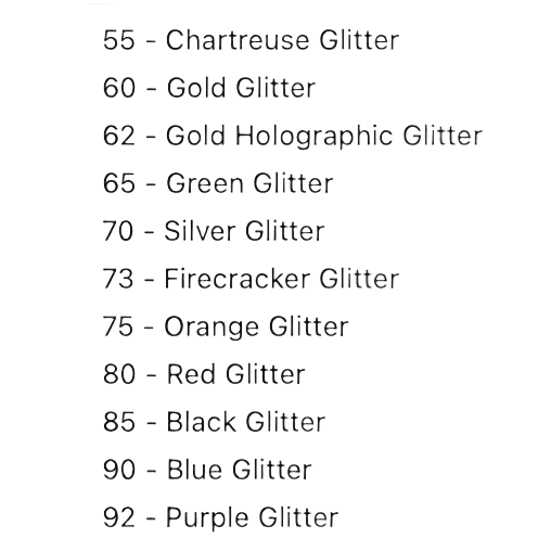 List of glitter color options with numbers and names on a white background