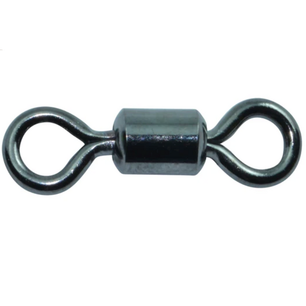 A silver-colored fishing swivel with a stainless steel line tie and brass body.