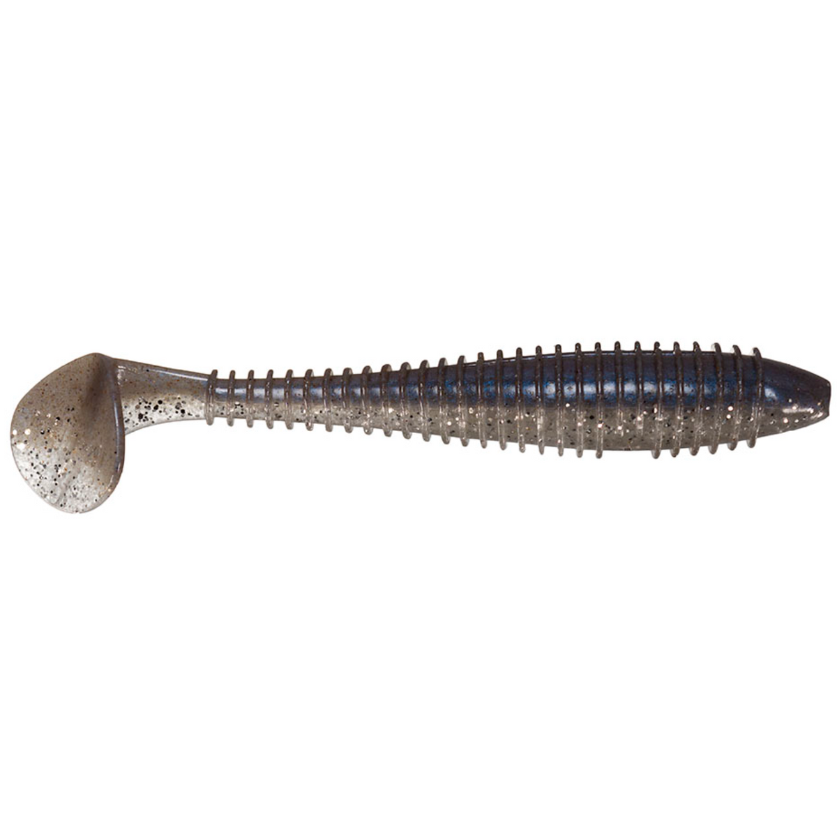 Fishing lure with a metallic finish on a white background