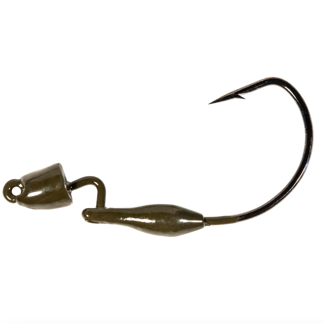A black bullet-shaped jighead with a green pumpkin color scheme, featuring a molded keeper and a heavy-duty VMC jig hook.