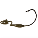 A black bullet-shaped jighead with a green pumpkin color scheme, featuring a molded keeper and a heavy-duty VMC jig hook.