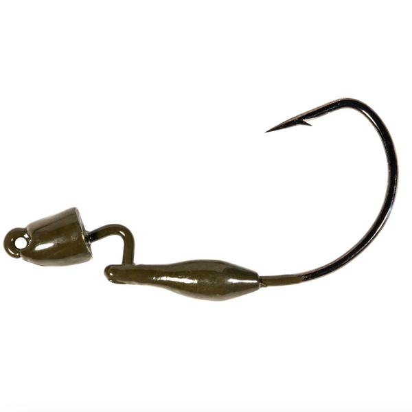 A black bullet-shaped jighead with a green pumpkin color scheme, featuring a molded keeper and a heavy-duty VMC jig hook.