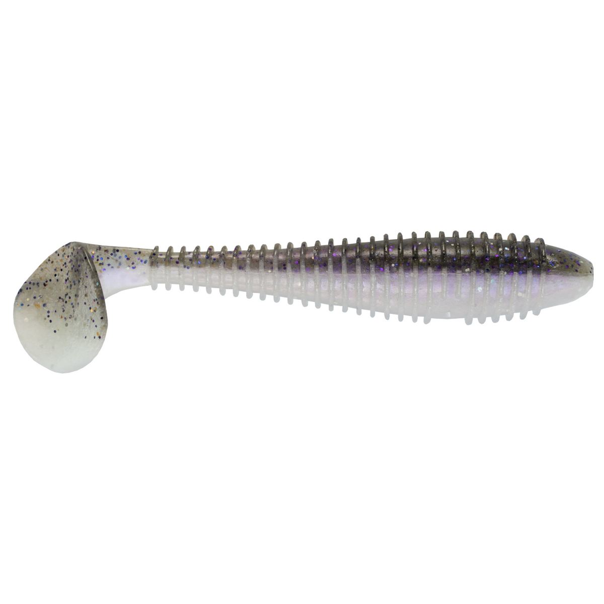 Fishing lure with a white and black pattern on a white background