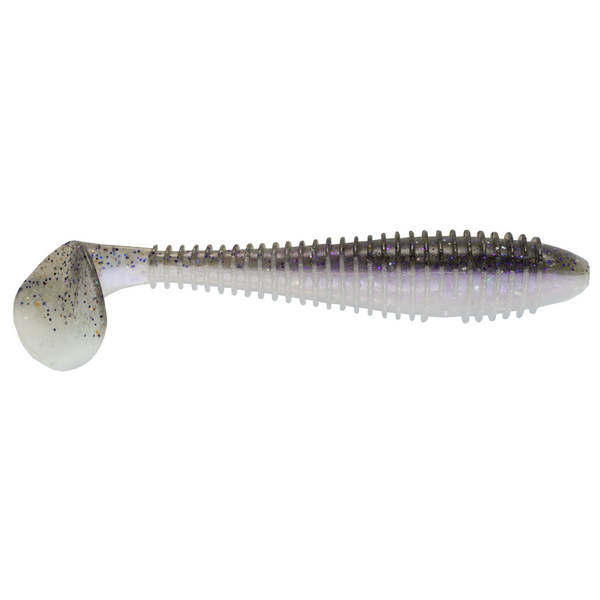 Fishing lure with a white and black pattern on a white background