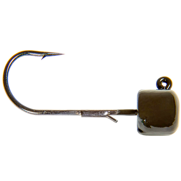 A black mushroom-shaped jighead with a welded wire keeper and a sharp hook protruding from the top.