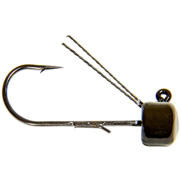 A black and silver fishing jig head with a mushroom-shaped head and a heavy wire hook.