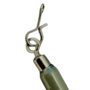A close-up image of a stainless steel fishing weight clip attached to a fishing rod.