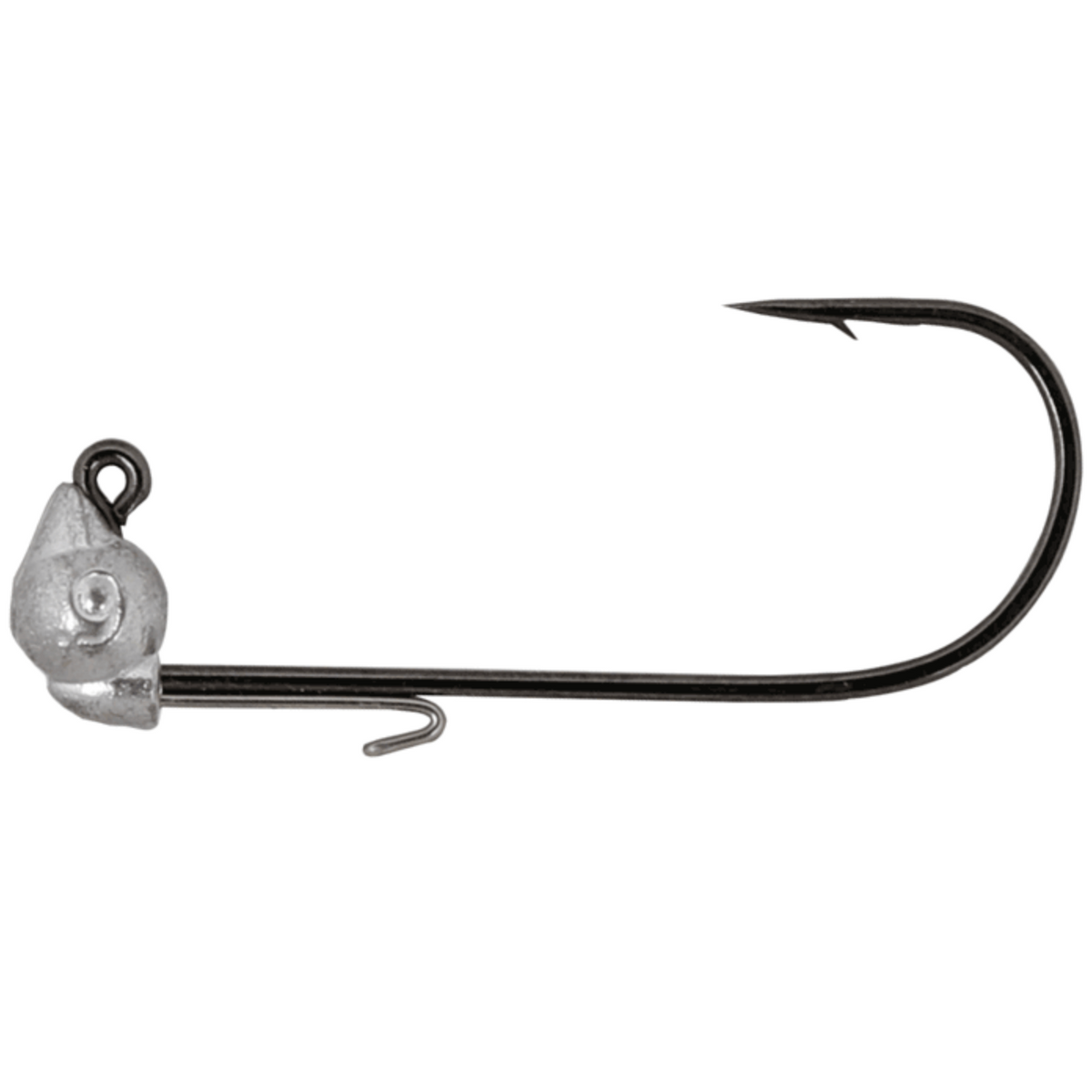 A black fishing hook with a round bend and a jig head designed to roll.