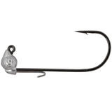 A black fishing hook with a round bend and a jig head designed to roll.