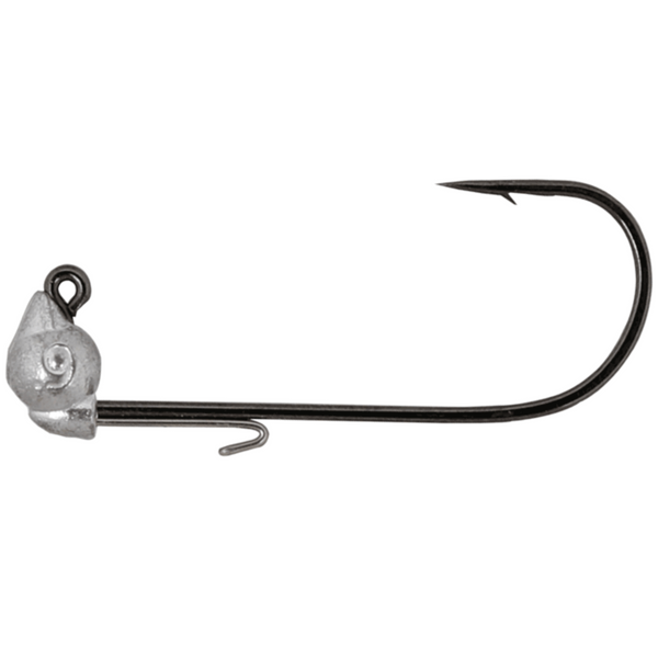 A black fishing hook with a round bend and a jig head designed to roll.