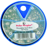 Container of Bullet Weights reusable split shot with a blue lid and clear body.