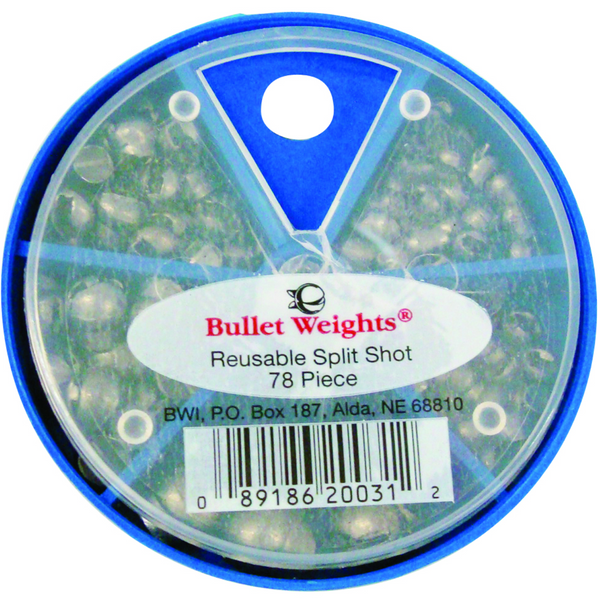 Container of Bullet Weights reusable split shot with a blue lid and clear body.