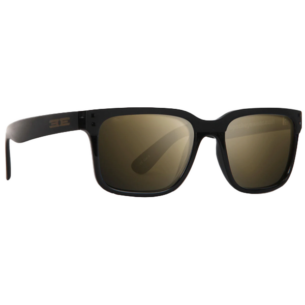 Black sunglasses with gold lenses on a white background