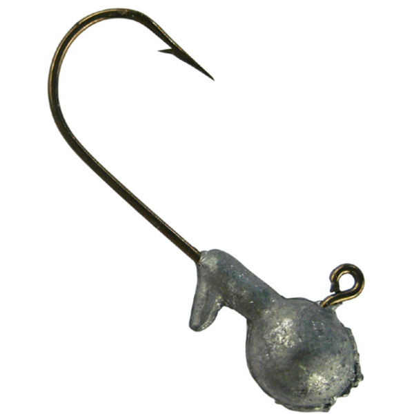 A single round jig head with a sharp hook protruding upwards, primarily gray in color.