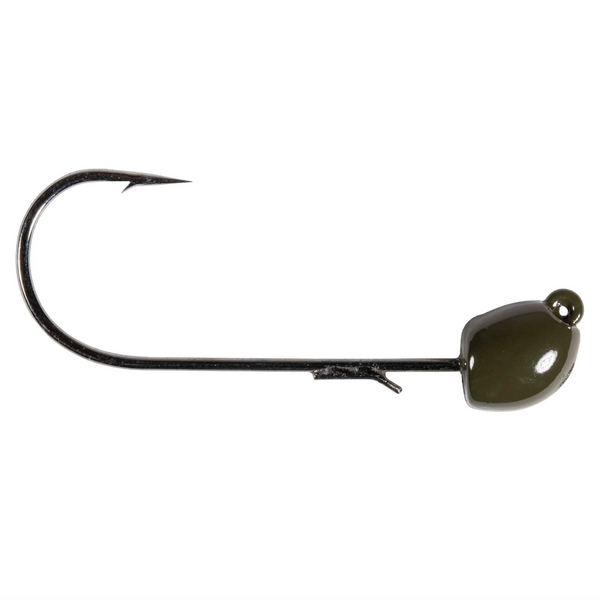 A black jighead with a streamlined design and a pointed nose. It includes a custom needlepoint hook and a welded wire keeper.