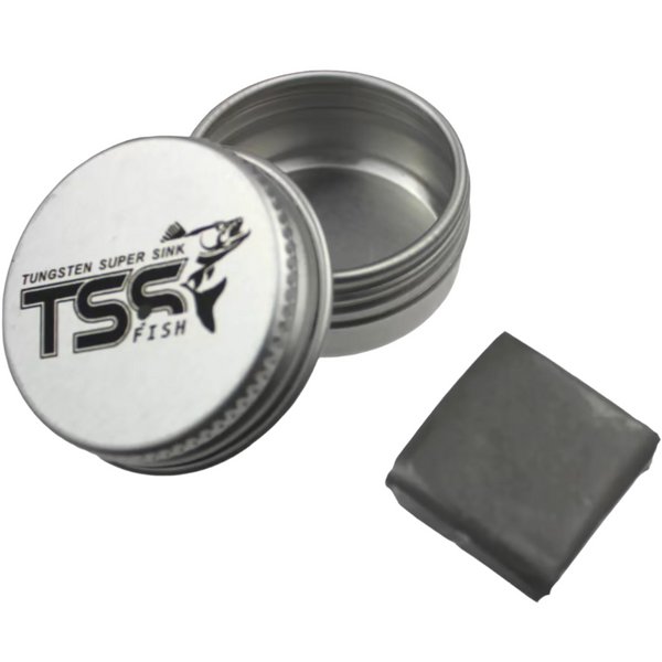 A small tin container with a label that reads 'TSS FISH' next to a piece of black moldable tungsten putty.