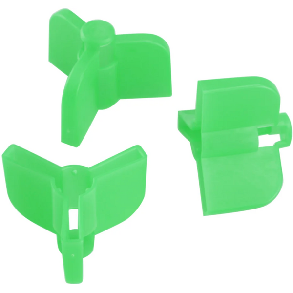 Green protective plastic covers for treble hooks.