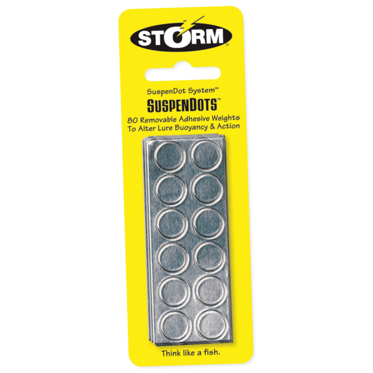 Packaging of Storm SuspenDots with multiple round, metallic adhesive dots visible through a yellow plastic card.